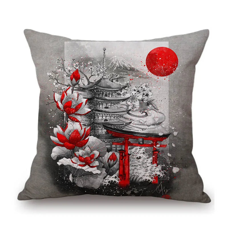Japanese Art Ikigain Life Doctrine Geisha Judo Samurai Spirit Red Black Ink Painting Art Sofa Pillow Case Linen Cushion Cover