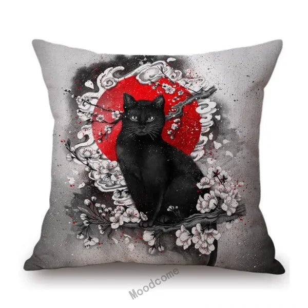 Japanese Art Ikigain Life Doctrine Geisha Judo Samurai Spirit Red Black Ink Painting Art Sofa Pillow Case Linen Cushion Cover