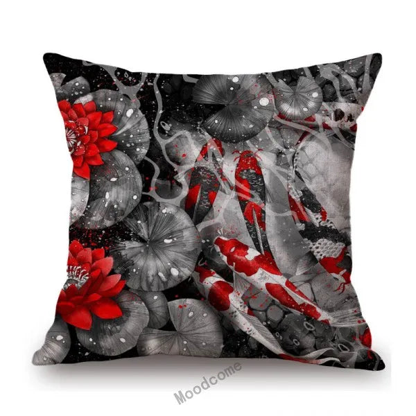 Japanese Art Ikigain Life Doctrine Geisha Judo Samurai Spirit Red Black Ink Painting Art Sofa Pillow Case Linen Cushion Cover