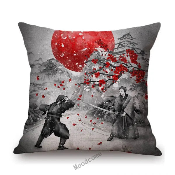 Japanese Art Ikigain Life Doctrine Geisha Judo Samurai Spirit Red Black Ink Painting Art Sofa Pillow Case Linen Cushion Cover