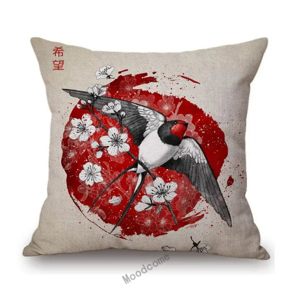 Japanese Art Ikigain Life Doctrine Geisha Judo Samurai Spirit Red Black Ink Painting Art Sofa Pillow Case Linen Cushion Cover