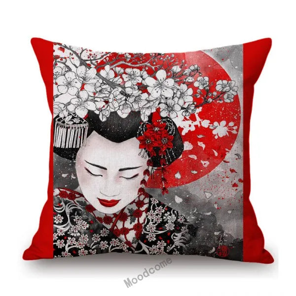 Japanese Art Ikigain Life Doctrine Geisha Judo Samurai Spirit Red Black Ink Painting Art Sofa Pillow Case Linen Cushion Cover