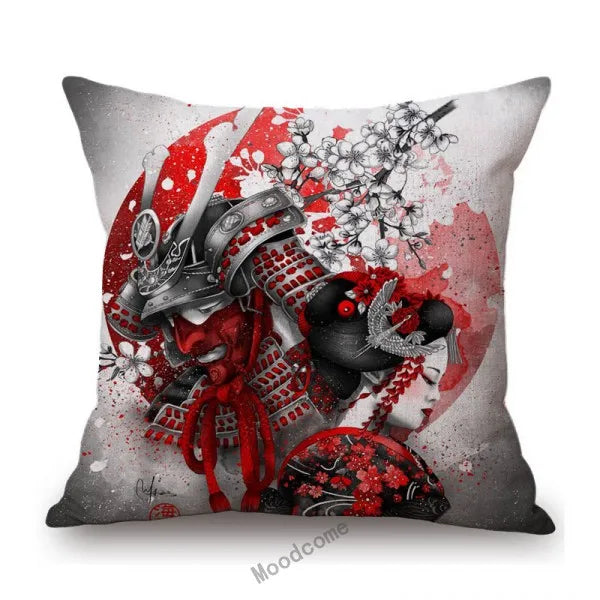 Japanese Art Ikigain Life Doctrine Geisha Judo Samurai Spirit Red Black Ink Painting Art Sofa Pillow Case Linen Cushion Cover