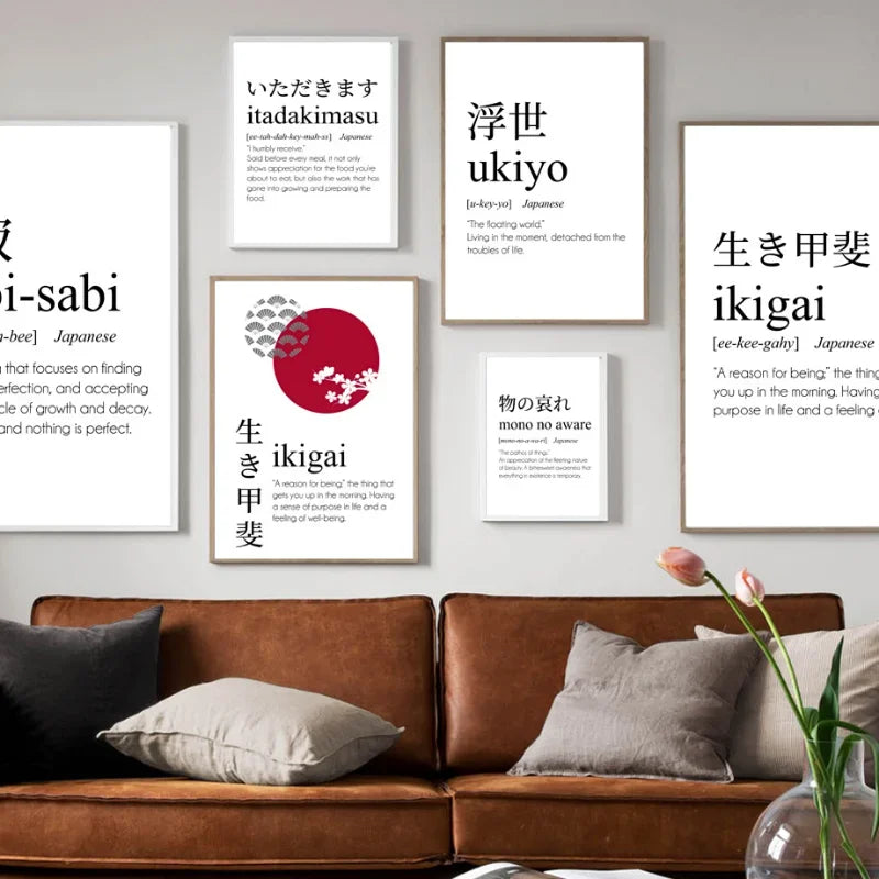 Japanese Calligraphy Ukiyo Ikigai Wabi-Sab Wall Art Canvas Painting Nordic Posters and Prints Wall Picture for Living Room Decor