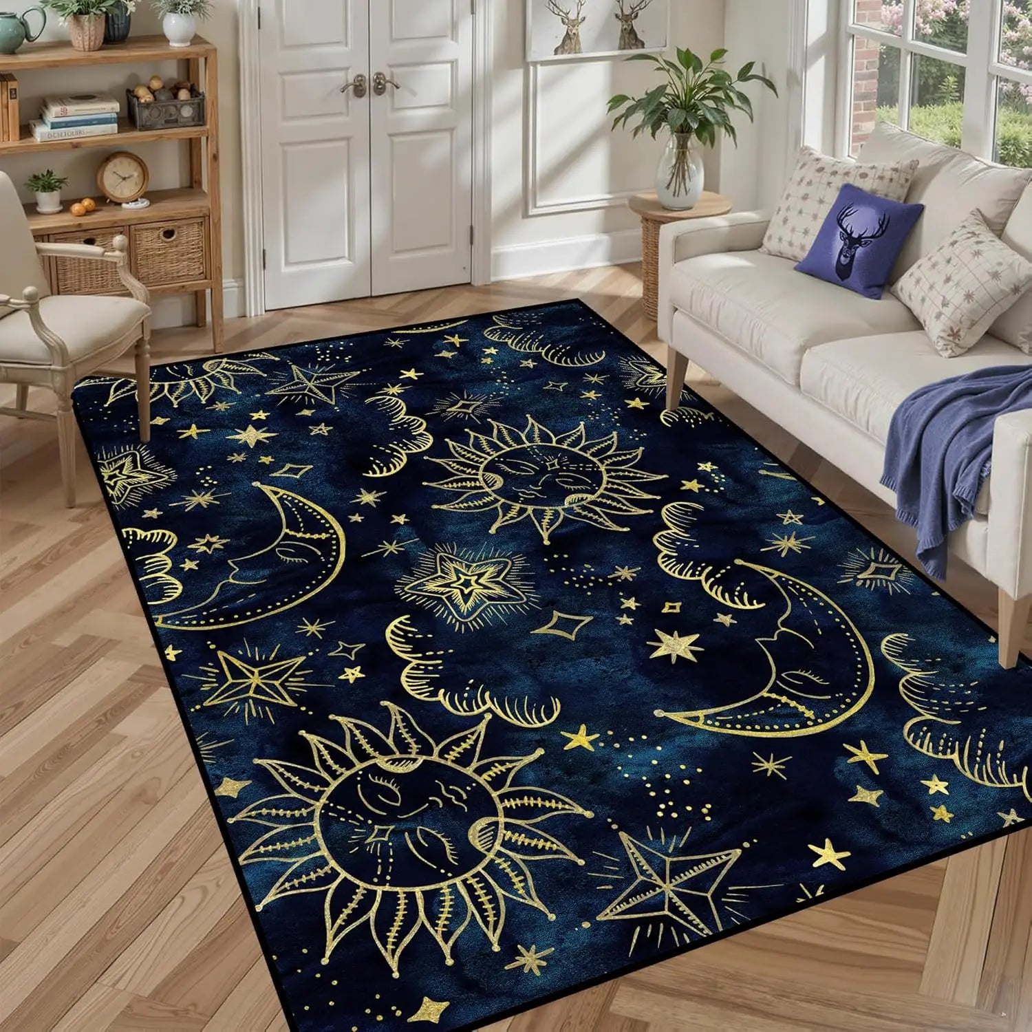 Star Rug Celestial Area Rugs for Girls Boys Women Bedroom Dorm Living Room Boho Sun and Moon Galaxy Floor Mat Pad Doormat Carpet