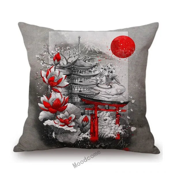 Japanese Art Ikigain Life Doctrine Geisha Judo Samurai Spirit Red Black Ink Painting Art Sofa Pillow Case Linen Cushion Cover