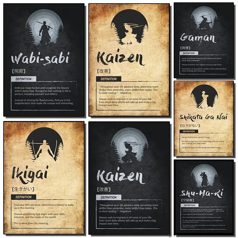 Japanese Success Concepts Inspirational Offer Poster Kaizen Oubaitori Ikigai Asian Spirit Canvas Prints Wall Picture Home Decor