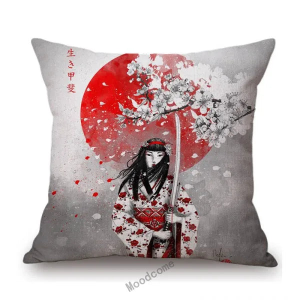 Japanese Art Ikigain Life Doctrine Geisha Judo Samurai Spirit Red Black Ink Painting Art Sofa Pillow Case Linen Cushion Cover