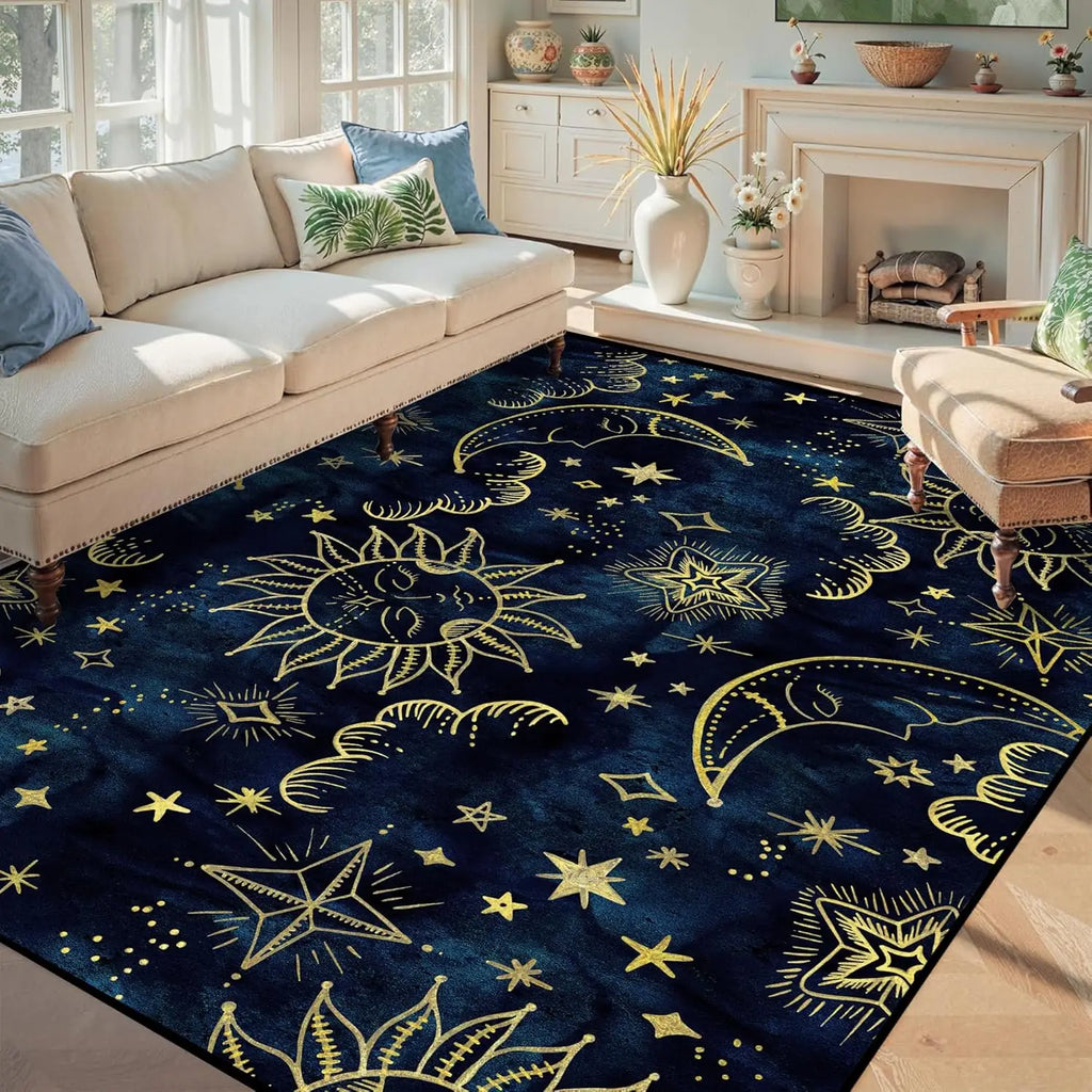 Star Rug Celestial Area Rugs for Girls Boys Women Bedroom Dorm Living Room Boho Sun and Moon Galaxy Floor Mat Pad Doormat Carpet
