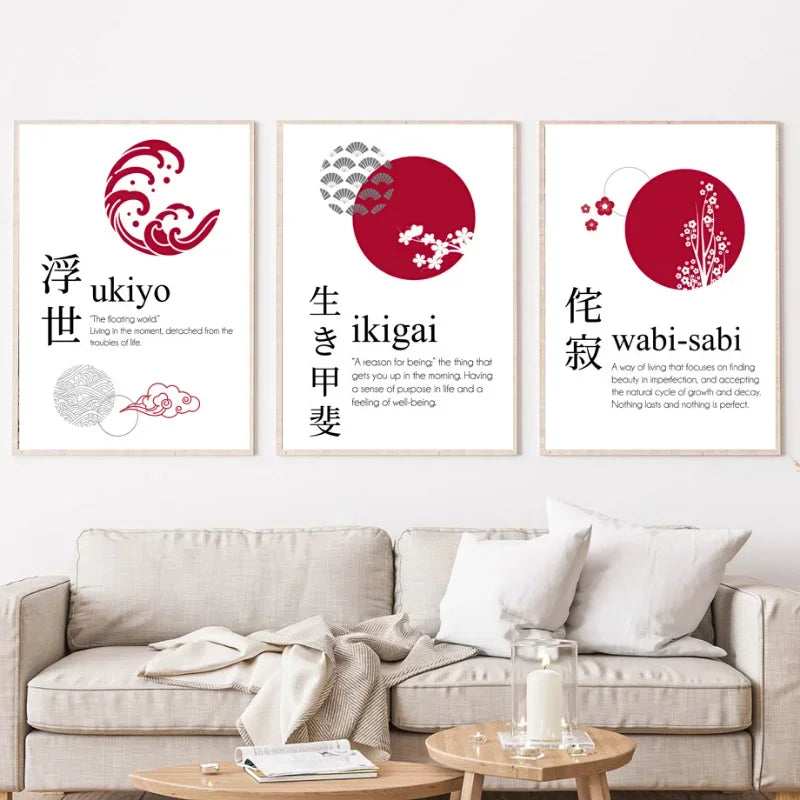 Japanese Calligraphy Ukiyo Ikigai Wabi-Sab Wall Art Canvas Painting Nordic Posters and Prints Wall Picture for Living Room Decor