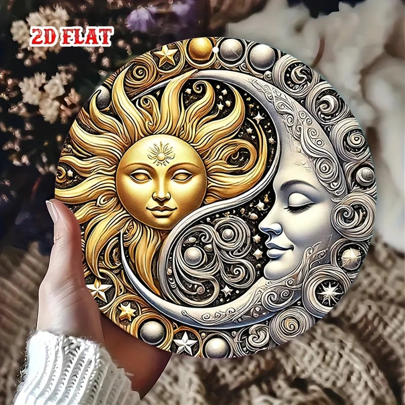 2D Flat, 2D Flat Round 1pc moon Aluminum Sign, yin yang Metal Tin Sign, celestial Aluminum Sign - sun Metal Wall Decor, Wall Dec