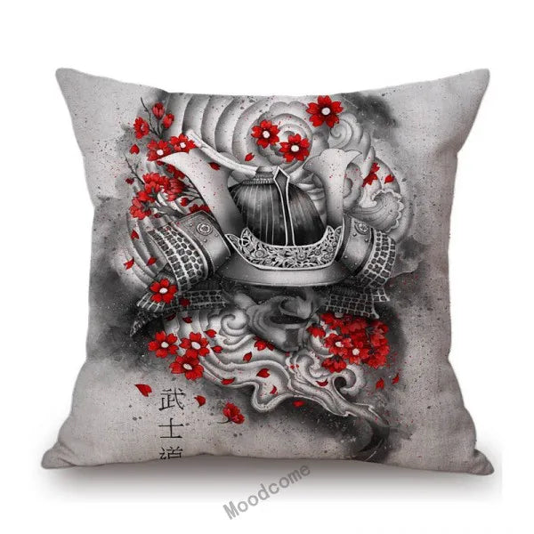 Japanese Art Ikigain Life Doctrine Geisha Judo Samurai Spirit Red Black Ink Painting Art Sofa Pillow Case Linen Cushion Cover