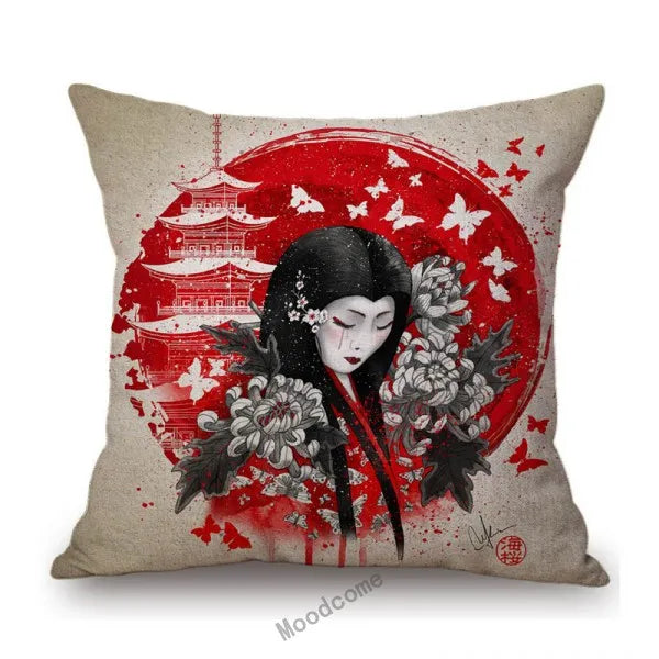 Japanese Art Ikigain Life Doctrine Geisha Judo Samurai Spirit Red Black Ink Painting Art Sofa Pillow Case Linen Cushion Cover