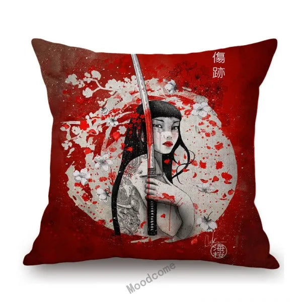 Japanese Art Ikigain Life Doctrine Geisha Judo Samurai Spirit Red Black Ink Painting Art Sofa Pillow Case Linen Cushion Cover