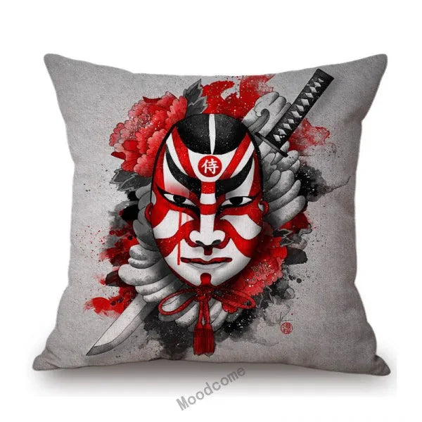 Japanese Art Ikigain Life Doctrine Geisha Judo Samurai Spirit Red Black Ink Painting Art Sofa Pillow Case Linen Cushion Cover