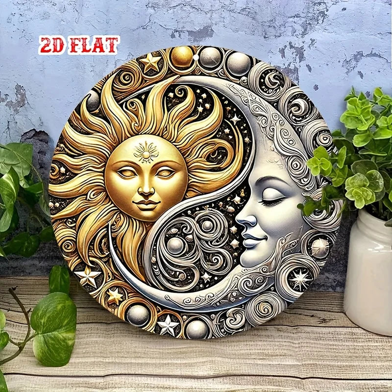 2D Flat, 2D Flat Round 1pc moon Aluminum Sign, yin yang Metal Tin Sign, celestial Aluminum Sign - sun Metal Wall Decor, Wall Dec