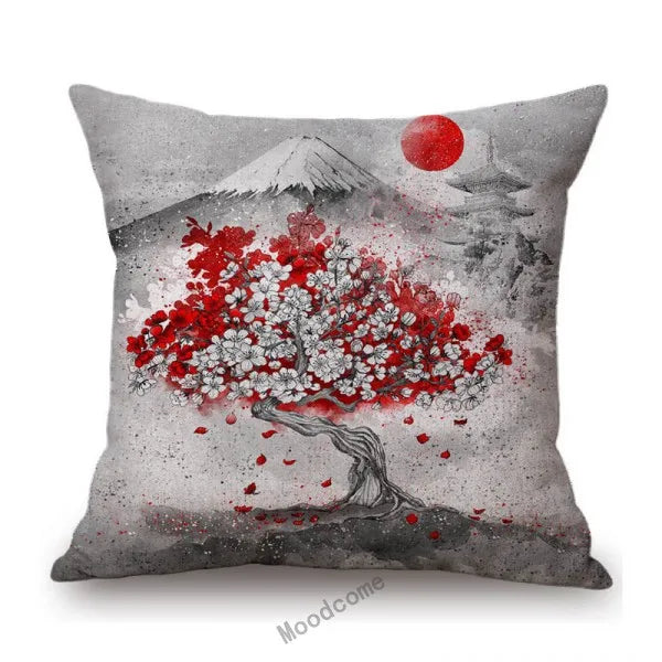 Japanese Art Ikigain Life Doctrine Geisha Judo Samurai Spirit Red Black Ink Painting Art Sofa Pillow Case Linen Cushion Cover