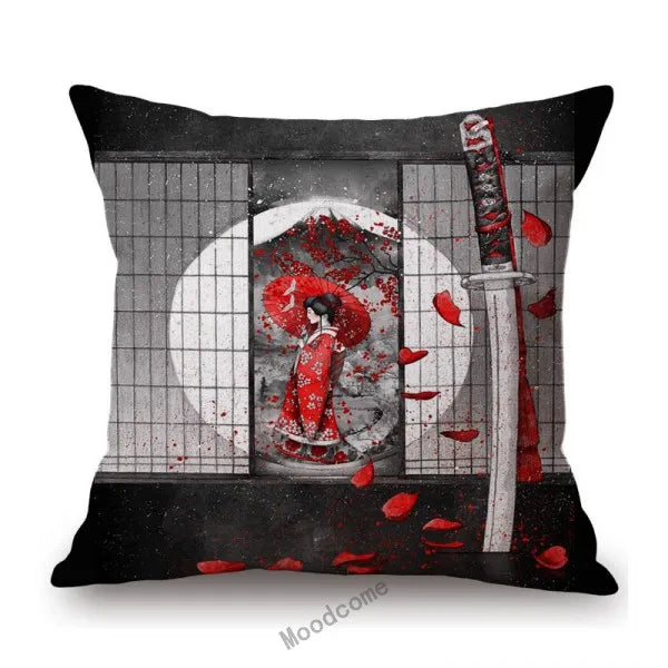 Japanese Art Ikigain Life Doctrine Geisha Judo Samurai Spirit Red Black Ink Painting Art Sofa Pillow Case Linen Cushion Cover