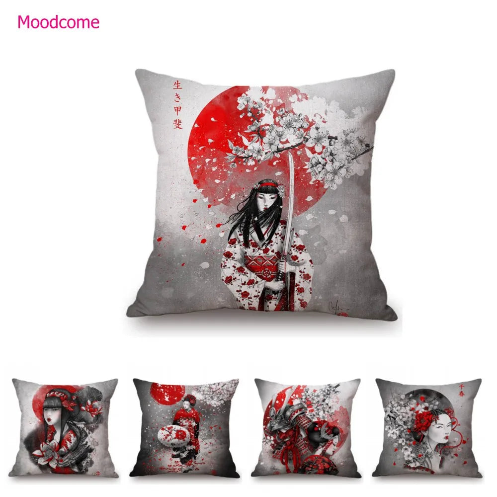 Japanese Art Ikigain Life Doctrine Geisha Judo Samurai Spirit Red Black Ink Painting Art Sofa Pillow Case Linen Cushion Cover