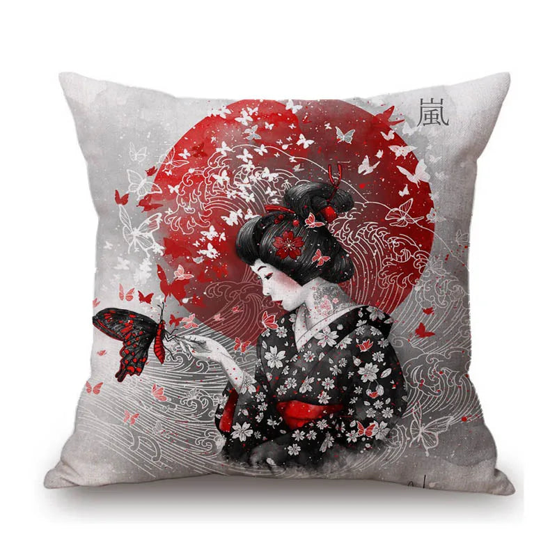 Japanese Art Ikigain Life Doctrine Geisha Judo Samurai Spirit Red Black Ink Painting Art Sofa Pillow Case Linen Cushion Cover