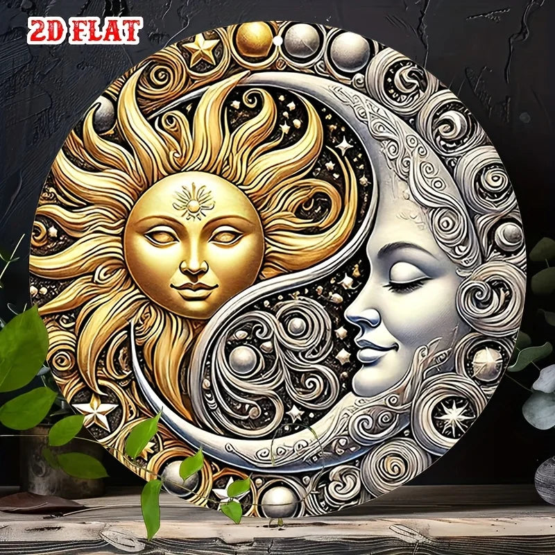 2D Flat, 2D Flat Round 1pc moon Aluminum Sign, yin yang Metal Tin Sign, celestial Aluminum Sign - sun Metal Wall Decor, Wall Dec