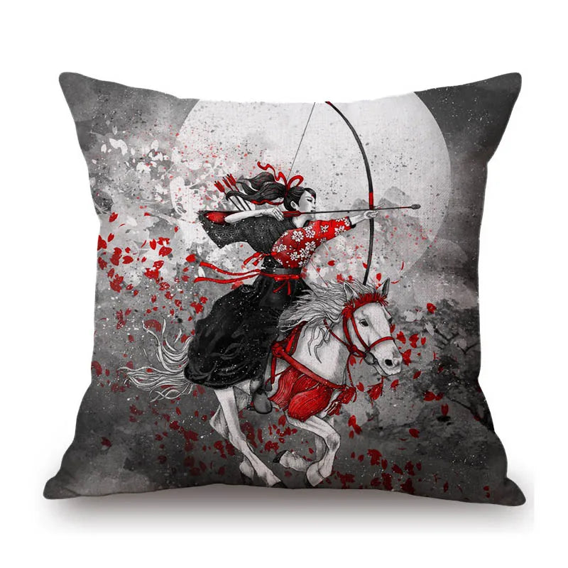Japanese Art Ikigain Life Doctrine Geisha Judo Samurai Spirit Red Black Ink Painting Art Sofa Pillow Case Linen Cushion Cover