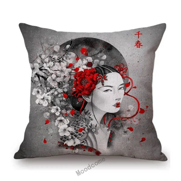 Japanese Art Ikigain Life Doctrine Geisha Judo Samurai Spirit Red Black Ink Painting Art Sofa Pillow Case Linen Cushion Cover