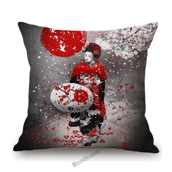 Japanese Art Ikigain Life Doctrine Geisha Judo Samurai Spirit Red Black Ink Painting Art Sofa Pillow Case Linen Cushion Cover