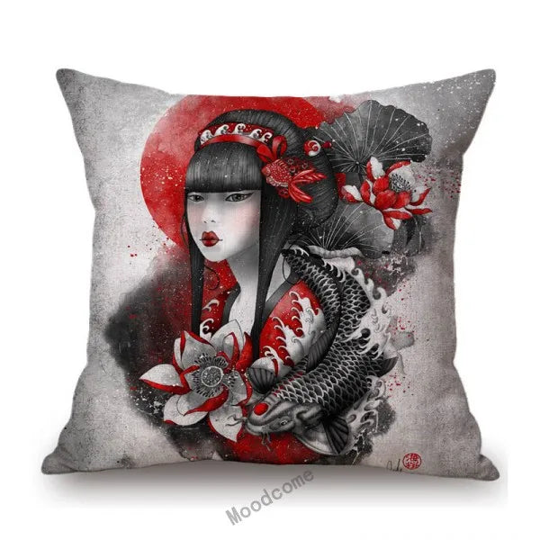 Japanese Art Ikigain Life Doctrine Geisha Judo Samurai Spirit Red Black Ink Painting Art Sofa Pillow Case Linen Cushion Cover