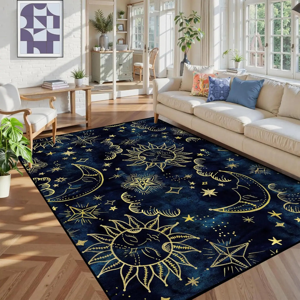 Star Rug Celestial Area Rugs for Girls Boys Women Bedroom Dorm Living Room Boho Sun and Moon Galaxy Floor Mat Pad Doormat Carpet