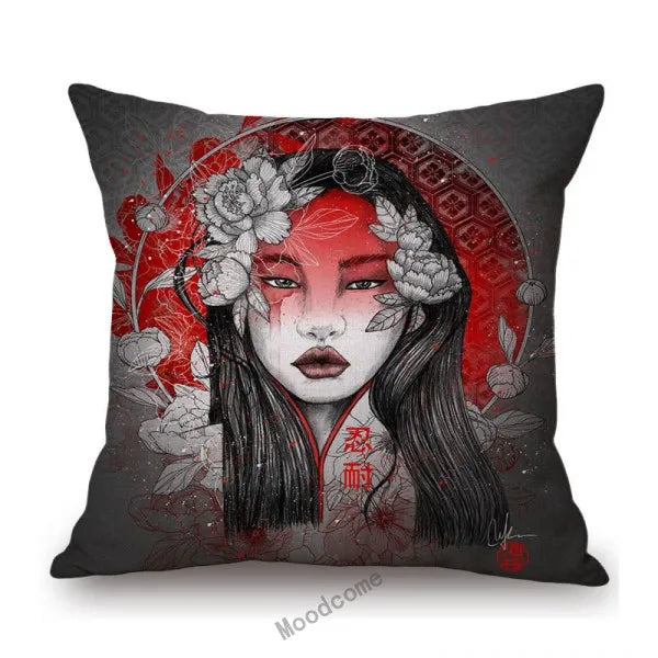 Japanese Art Ikigain Life Doctrine Geisha Judo Samurai Spirit Red Black Ink Painting Art Sofa Pillow Case Linen Cushion Cover