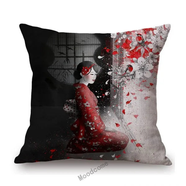 Japanese Art Ikigain Life Doctrine Geisha Judo Samurai Spirit Red Black Ink Painting Art Sofa Pillow Case Linen Cushion Cover