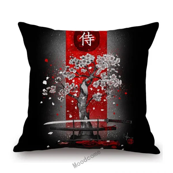 Japanese Art Ikigain Life Doctrine Geisha Judo Samurai Spirit Red Black Ink Painting Art Sofa Pillow Case Linen Cushion Cover