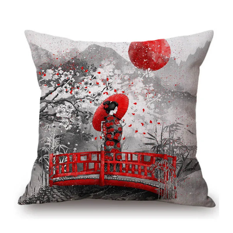 Japanese Art Ikigain Life Doctrine Geisha Judo Samurai Spirit Red Black Ink Painting Art Sofa Pillow Case Linen Cushion Cover